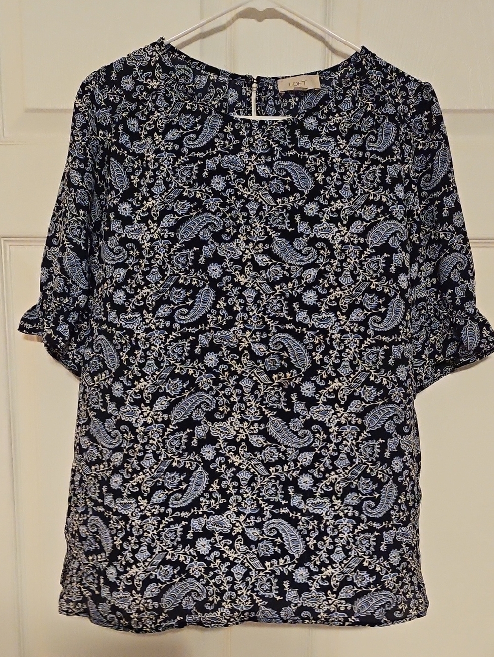 LOFT Navy and Light Blue Paisley Ruffle-Sleeve Blouse